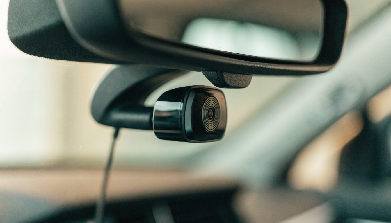 Forward facing ADAS camera mounted on a car windshield behind the rear view mirror
