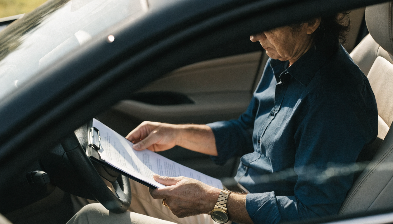 Driver reviewing auto insurance paperwork with a cracked windshield