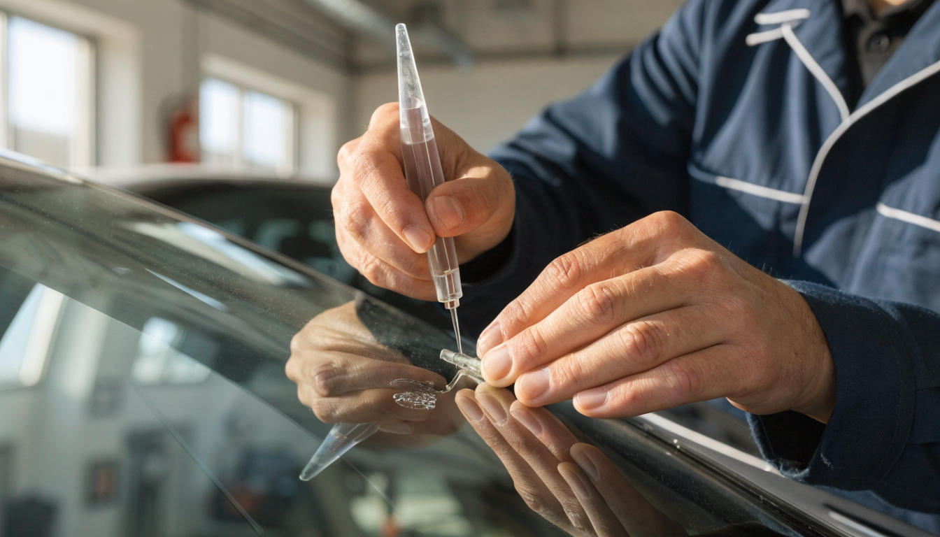Auto glass technician repairing a windshield chip with a resin injection tool