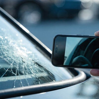 Driver photographing a cracked windshield to file an auto insurance claim in Quebec