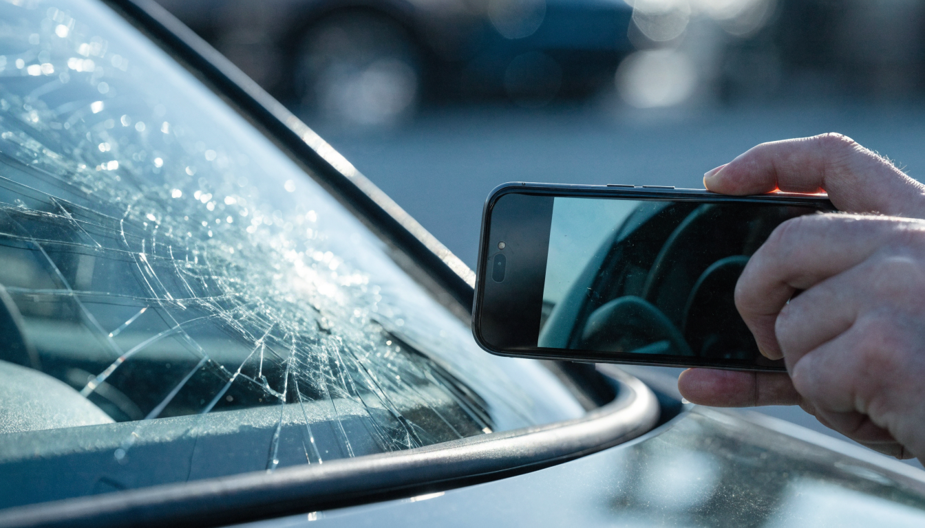 Conducteur qui photographie un pare-brise fissuré pour une réclamation d'assurance au Québec