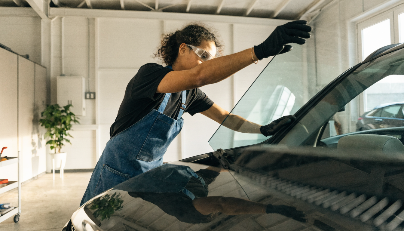 Auto glass technician fitting a new windshield onto a car in a workshop