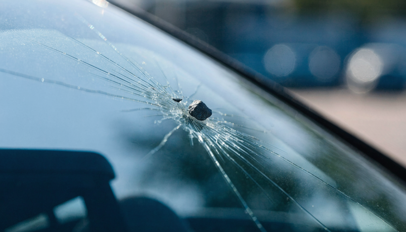 Close up of a small stone chip and star crack on a car windshield