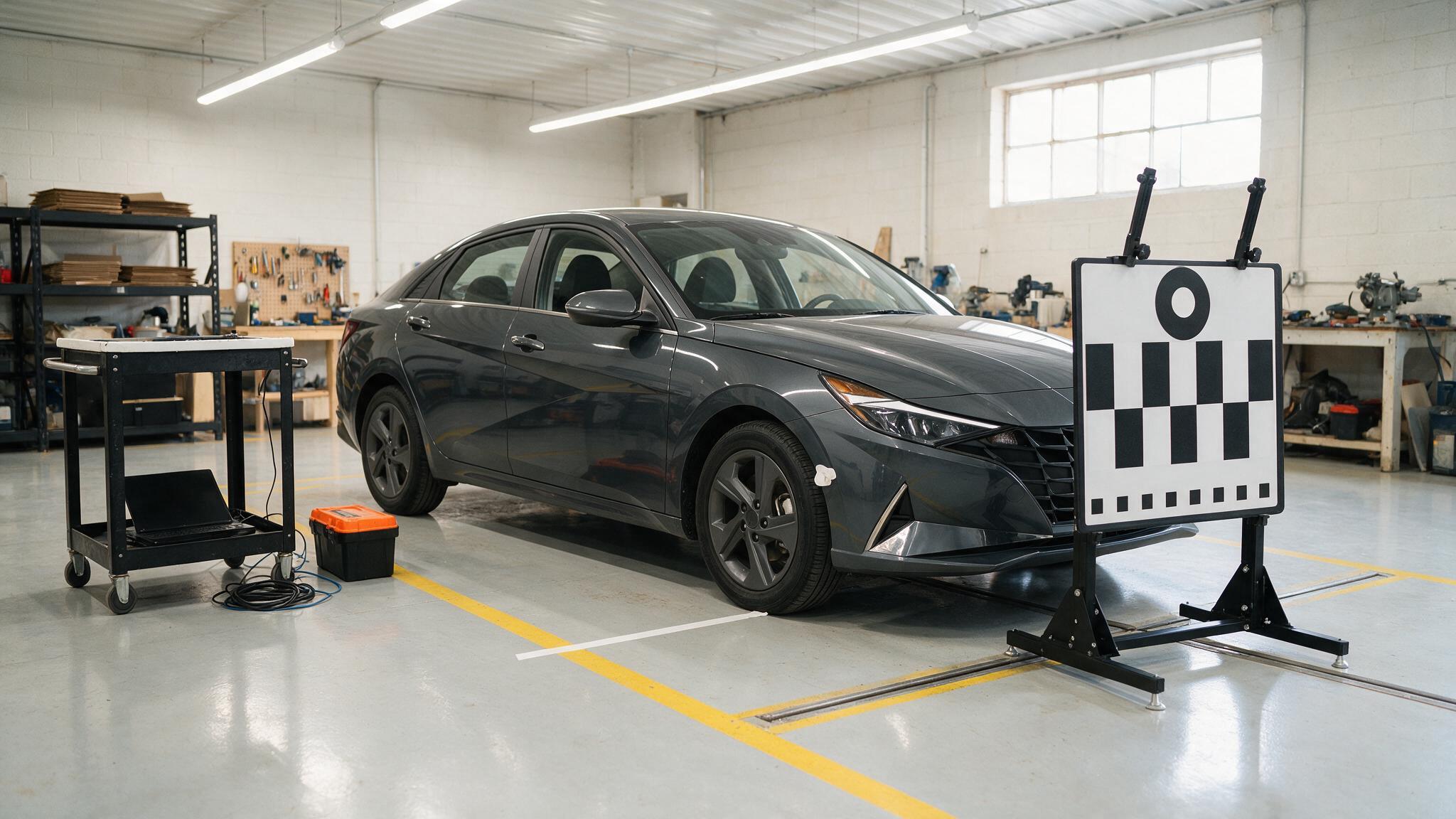 Car facing an ADAS calibration target board in a calibration bay