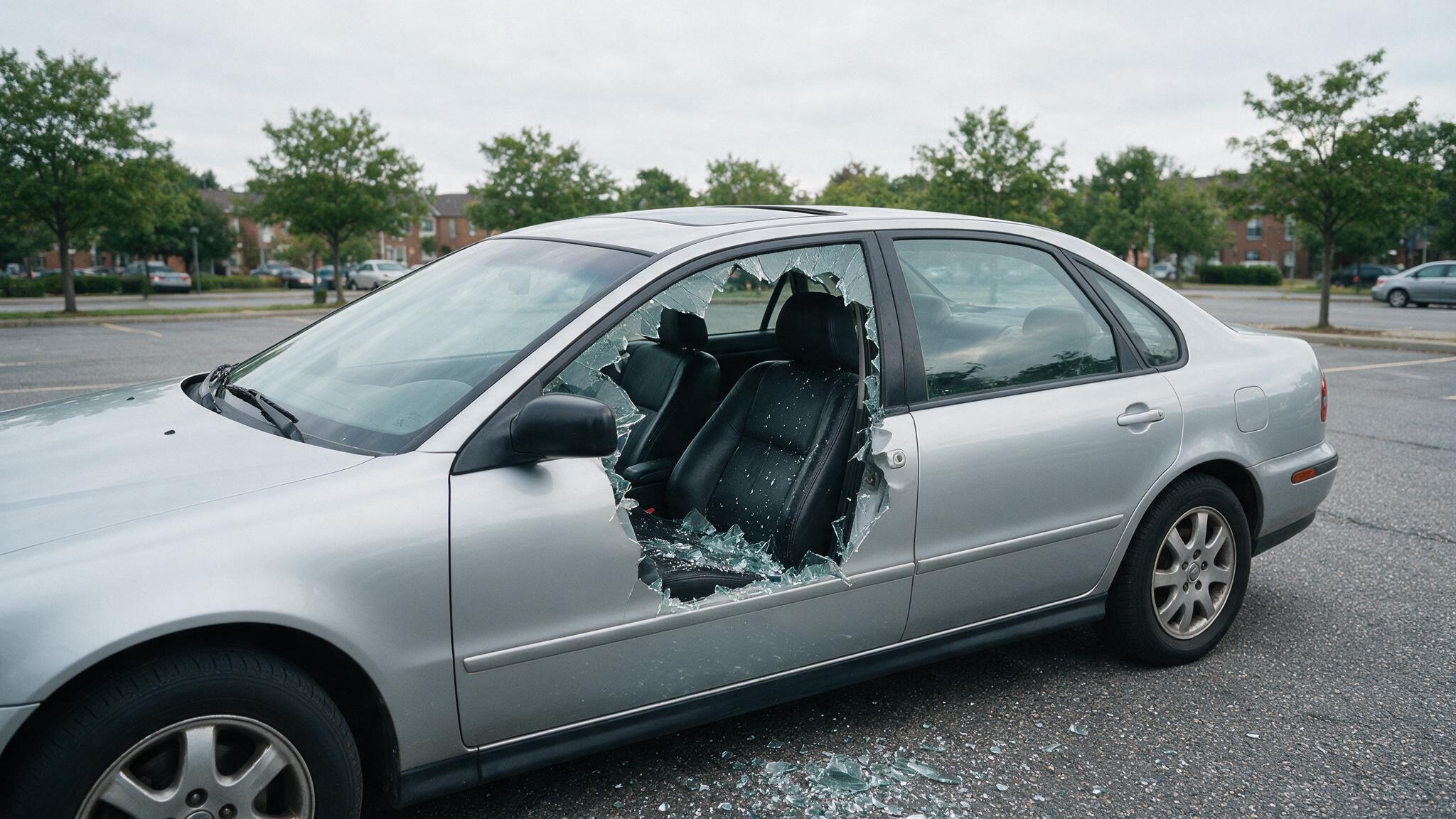 Car with a shattered driver side window and glass pieces on the seat