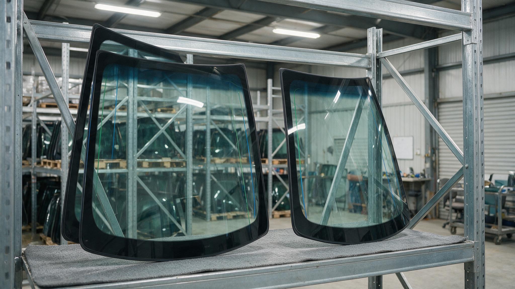 Two new car windshields stored side by side on a rack in an auto glass warehouse