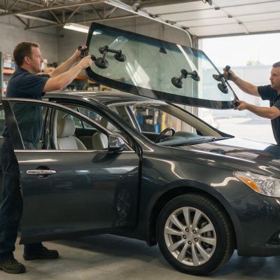 Two technicians lifting a new windshield with suction cups toward a car