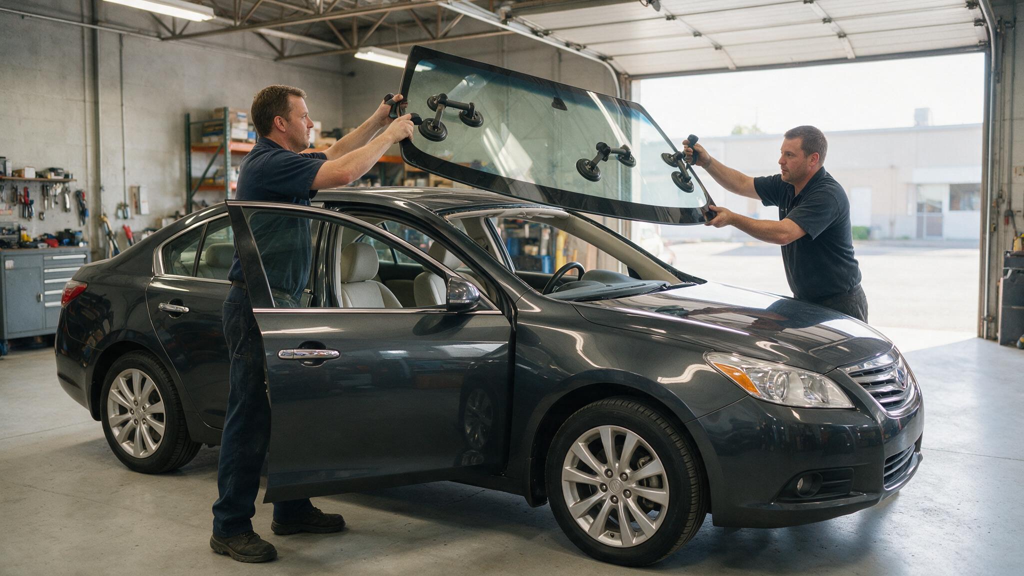 Two technicians lifting a new windshield with suction cups toward a car