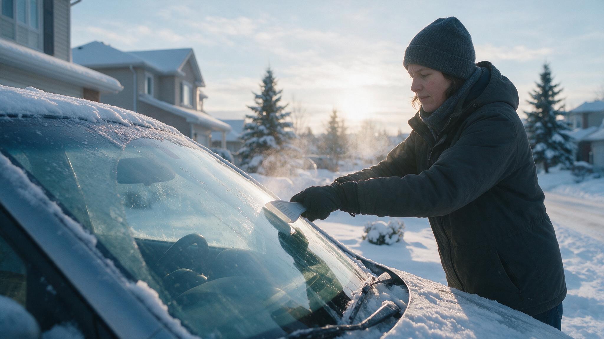 Driver scraping ice off a car windshield in a snowy Quebec driveway