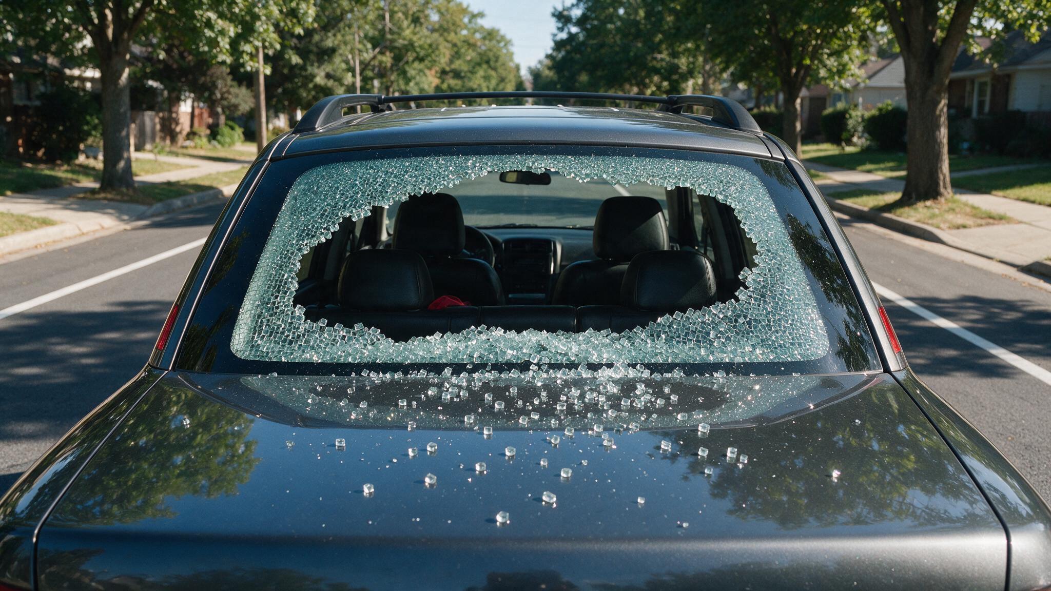 Shattered rear window of an SUV with tempered glass pieces on the trunk