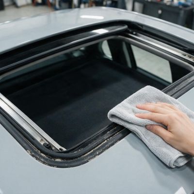 Technician cleaning the drain channel and seal of an open car sunroof