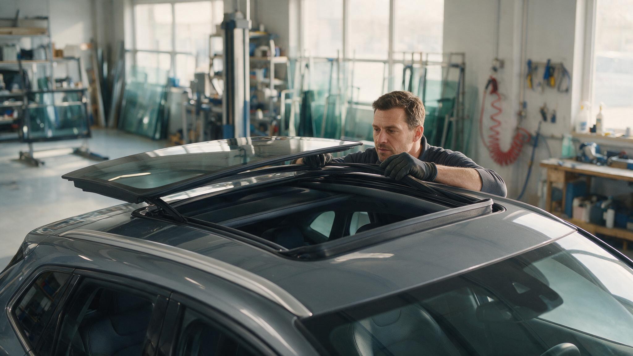Technician inspecting the rubber seal of an open panoramic sunroof on an SUV