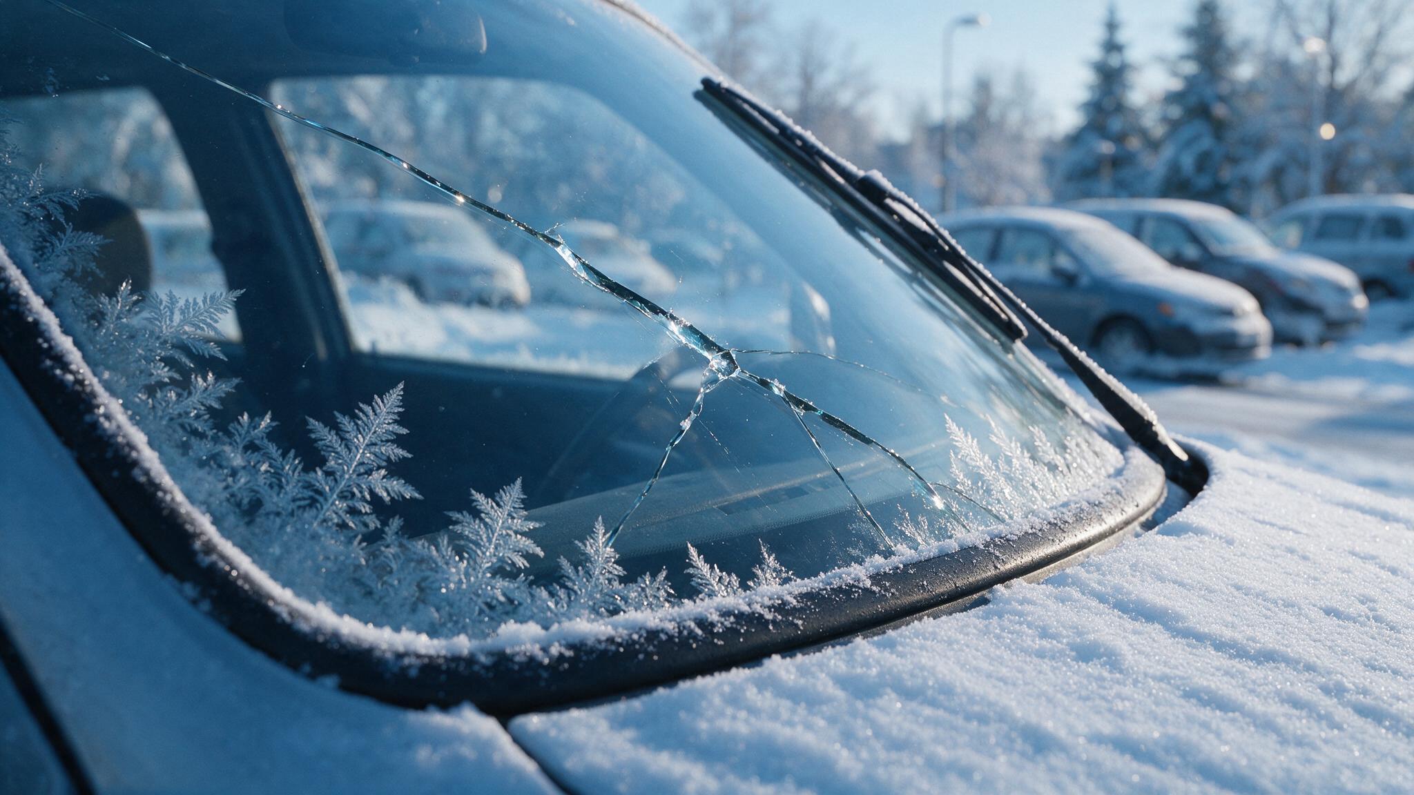 Long crack on a frosty car windshield on a cold winter morning