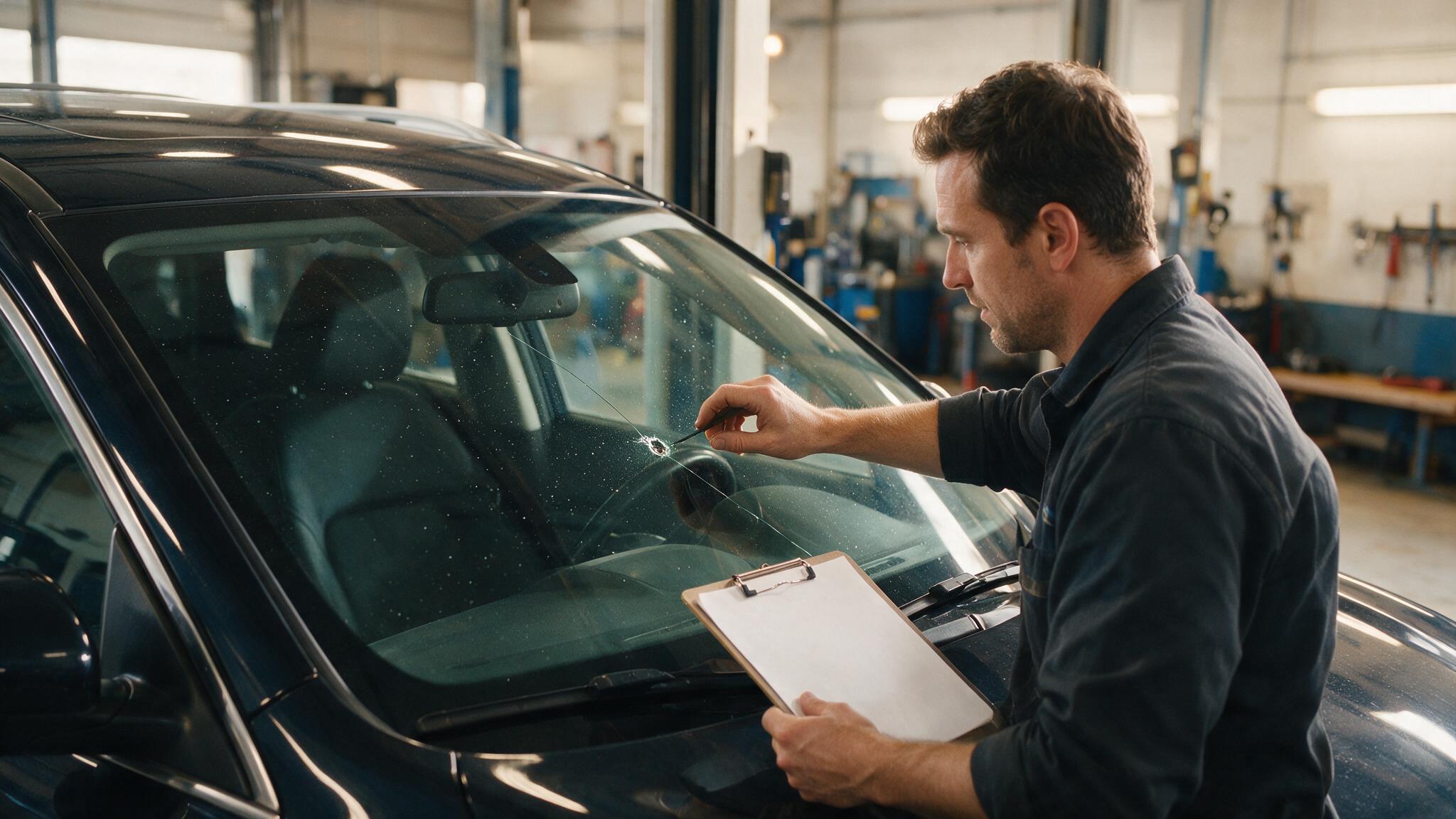 Auto glass technician with a clipboard examining a chip on a car windshield